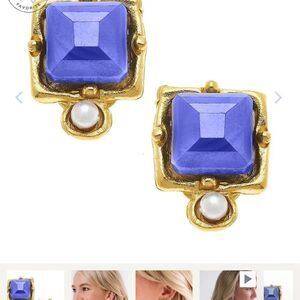 Gold and Blue Square Stud Earrings